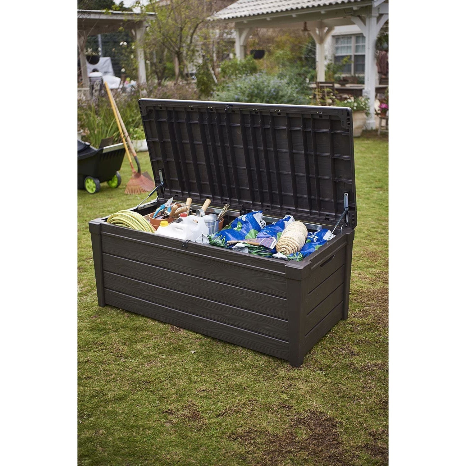 Keter Brightwood 120gal Weatherproof Resin Patio Deck Storage Box Bench, Brown - 40