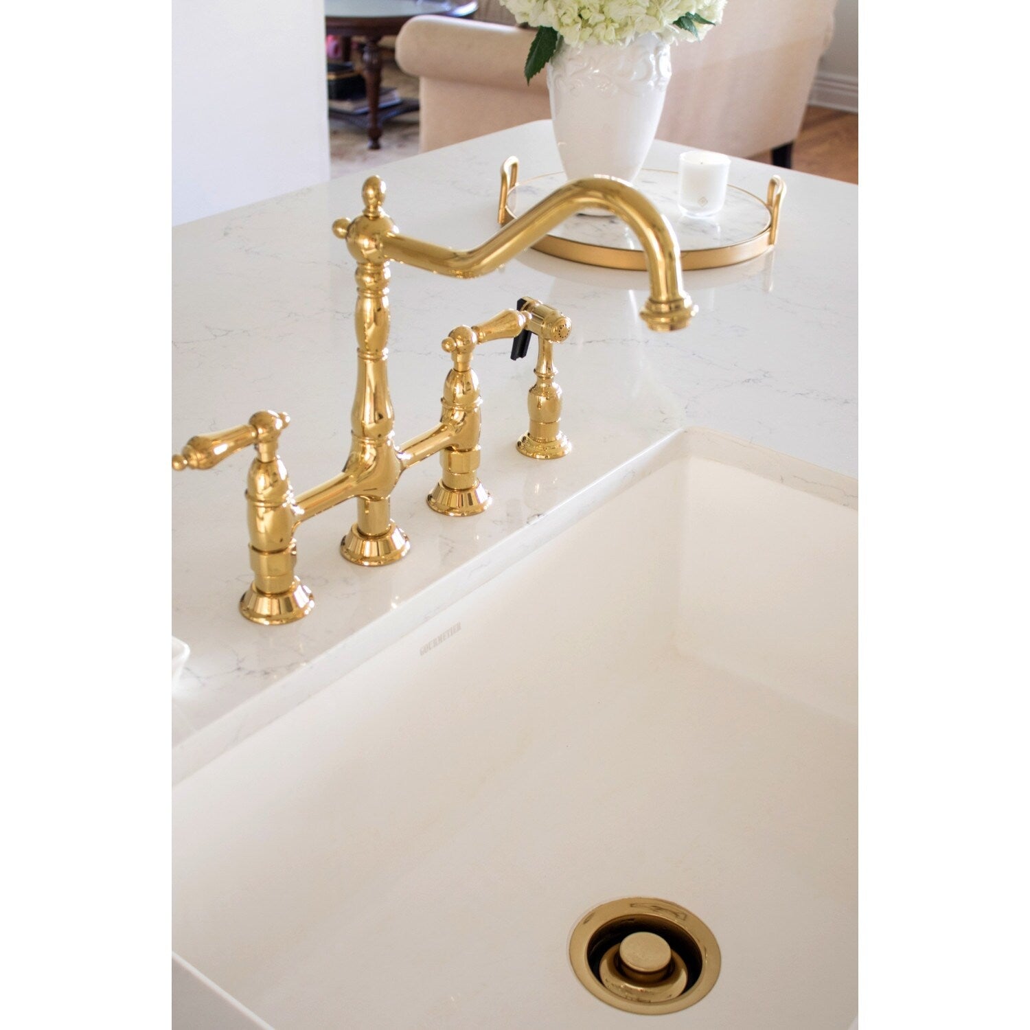 Heritage Bridge Kitchen Faucet with Brass Sprayer
