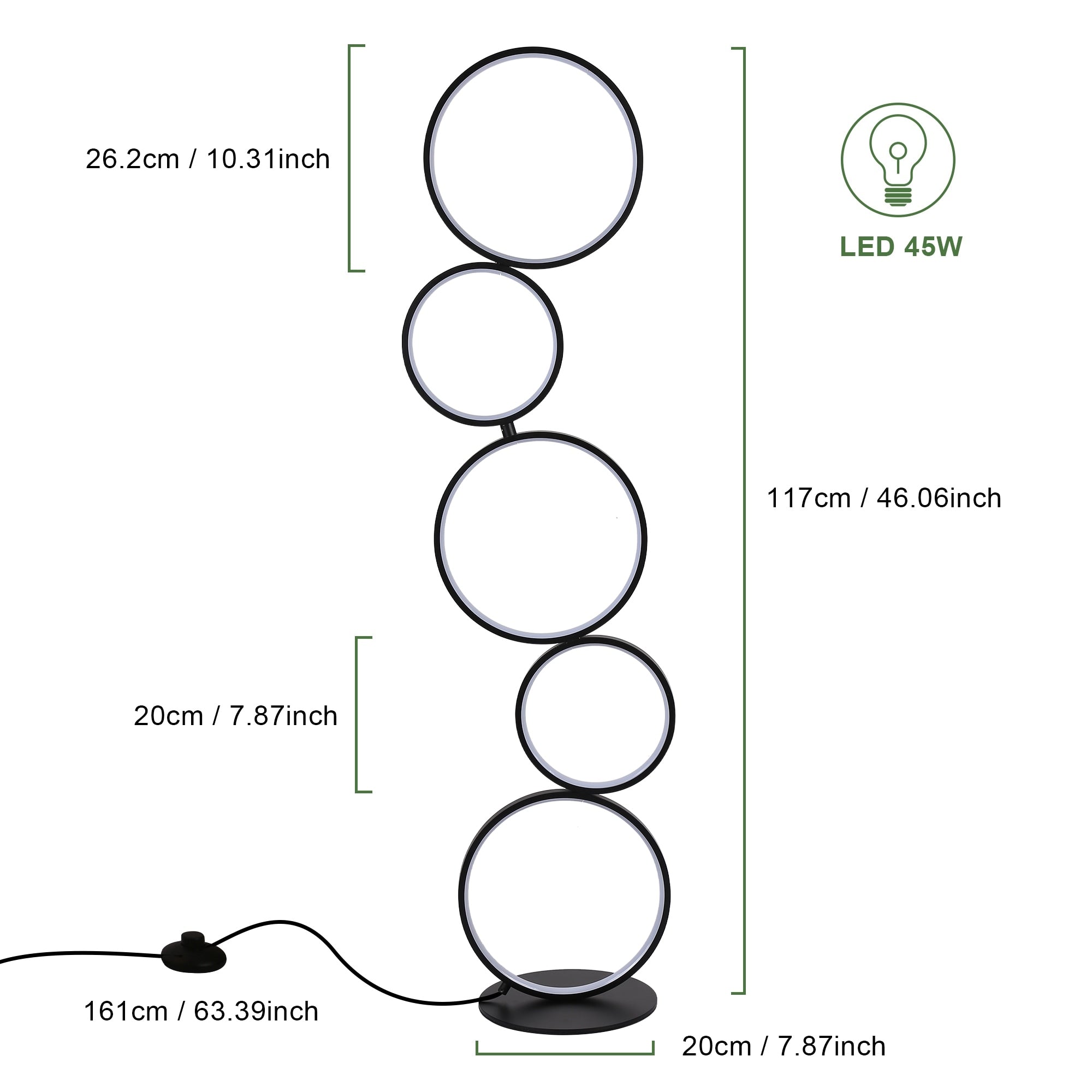 LED Modern Dimmable Floor Lamp, 3 Way Bright Corner Stand lamp with 5-Ring for Living Room