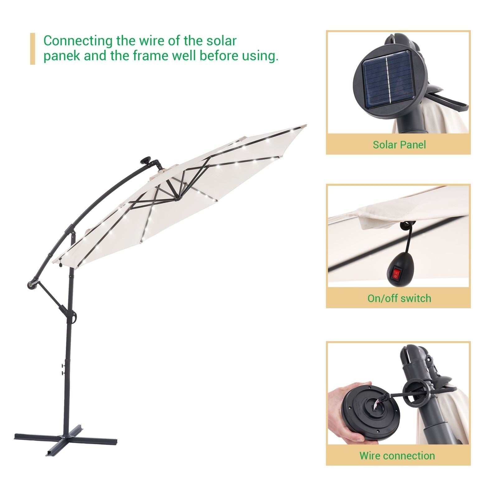 LIVOOSUN 10ft LED Patio Offset Umbrella With Cross Base