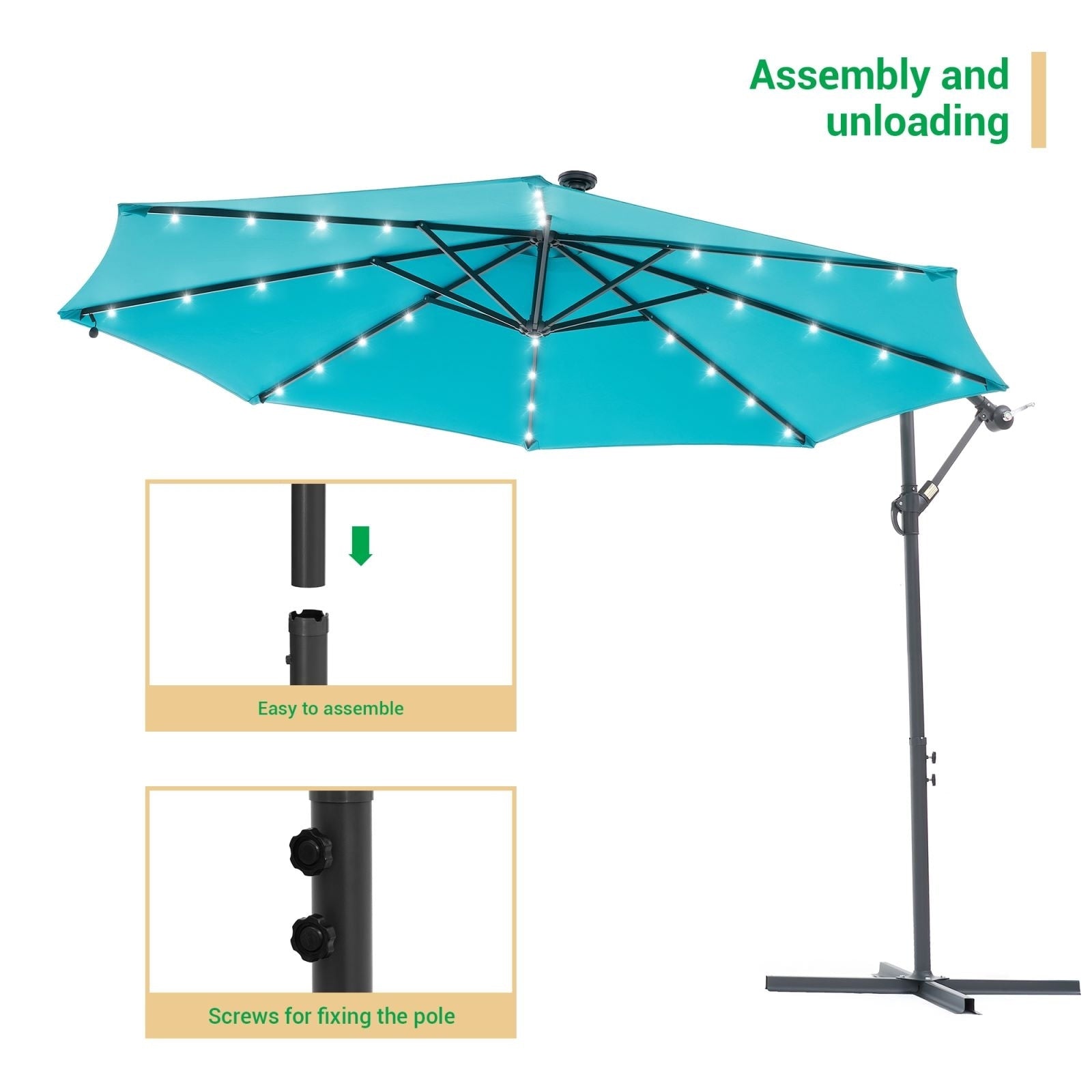 LIVOOSUN 10ft LED Patio Offset Umbrella With Cross Base
