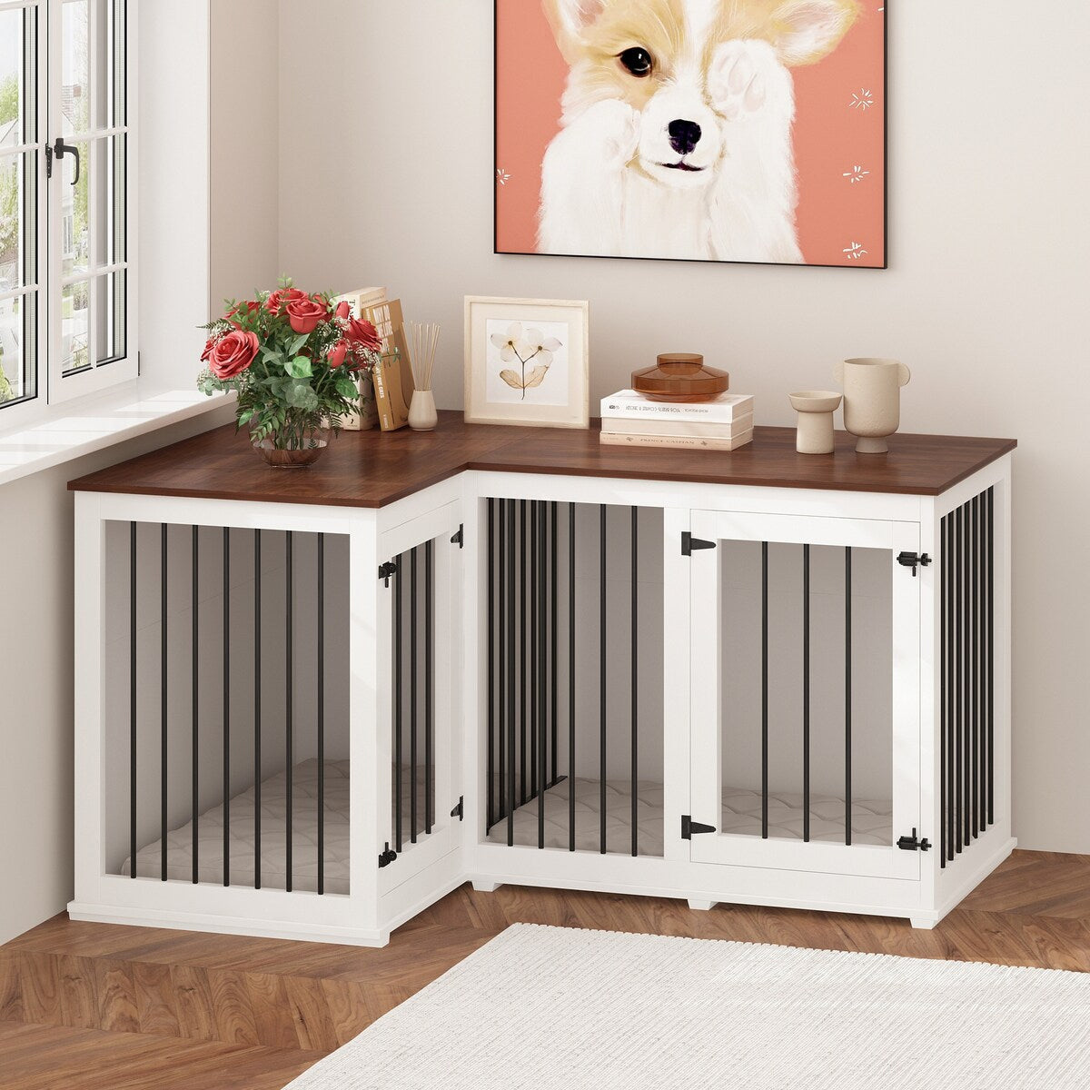 Large Corner Dog Crate Furniture for 2 Dogs, L Shape Dog Crate Cage - 58.7X41.1