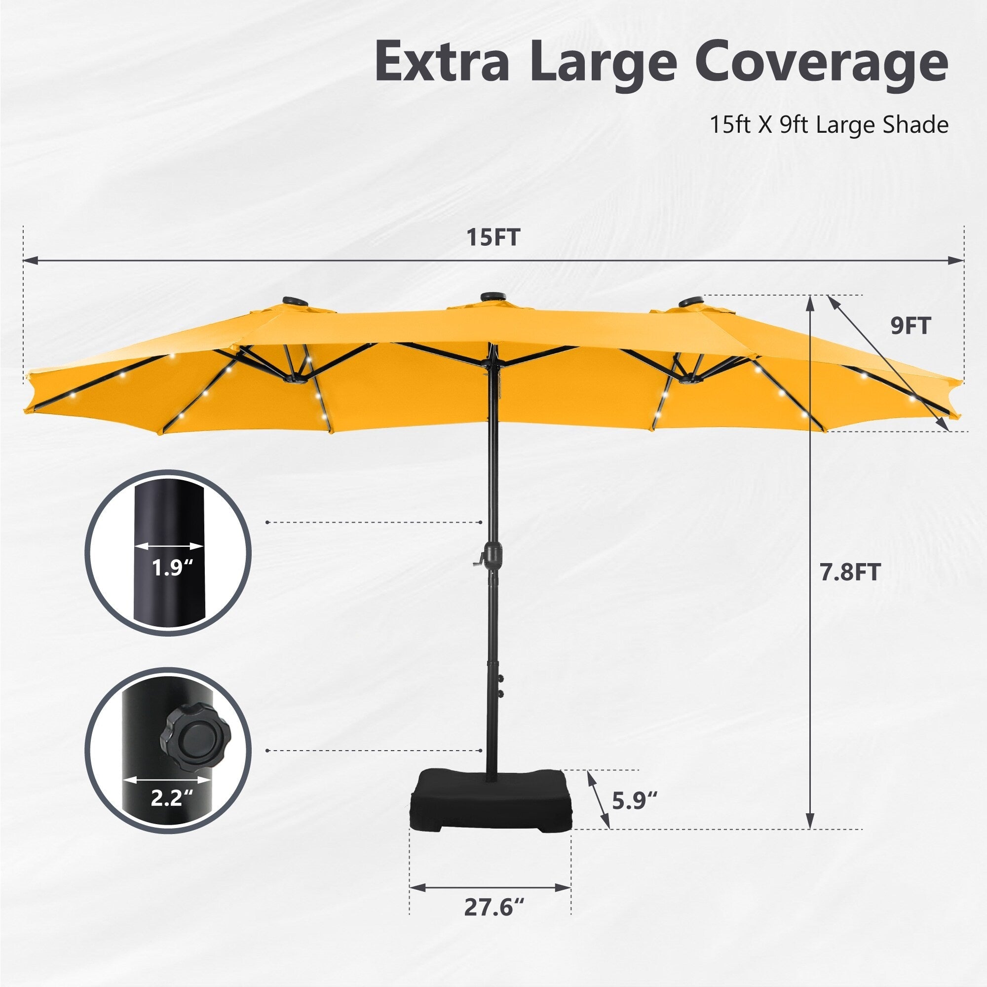 MAISON ARTS 15-foot Rectangular Crank Double-sided Outdoor Market Umbrella Solar LED Lighted Patio Umbrella with Base Included