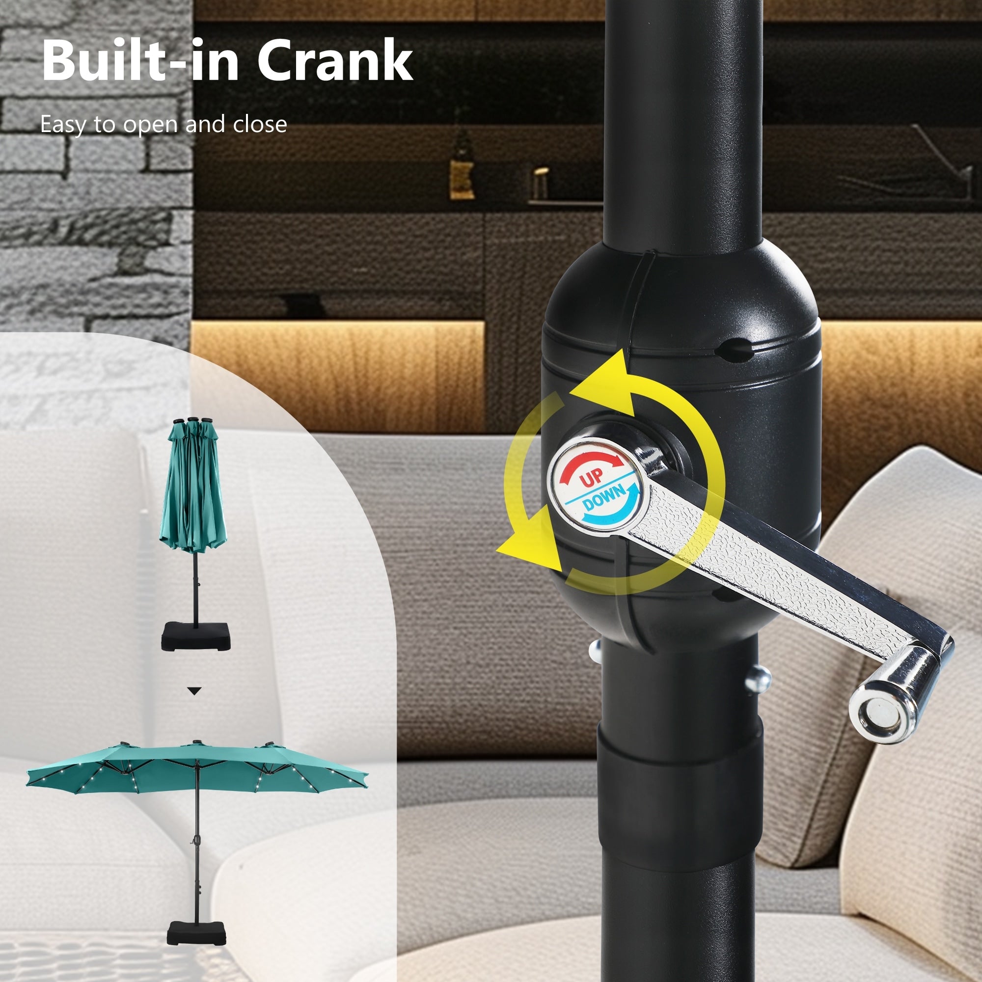 MAISON ARTS 15-foot Rectangular Crank Double-sided Outdoor Market Umbrella Solar LED Lighted Patio Umbrella with Base Included