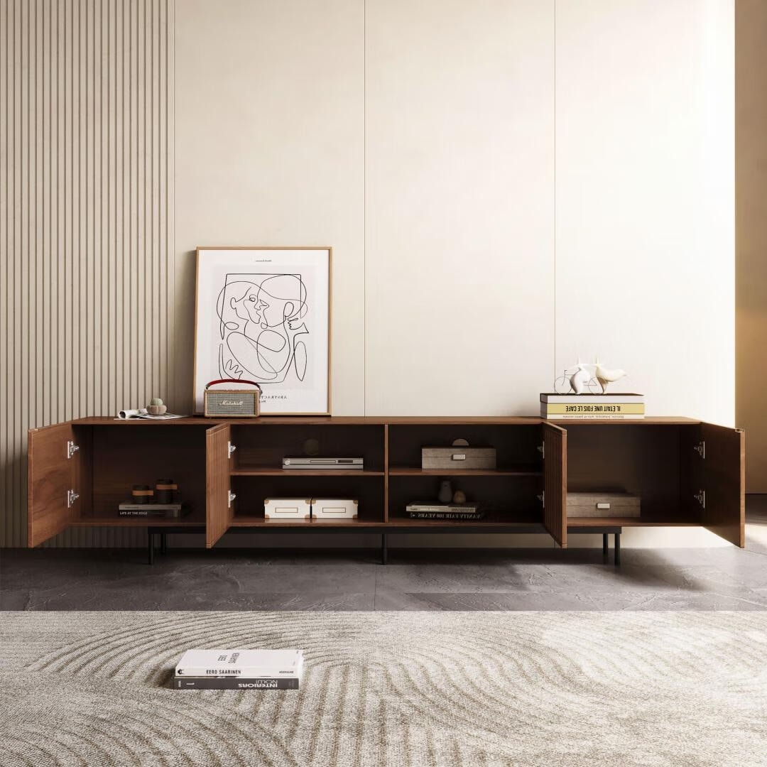 Mid-Century Modern TV Stand with 4 Doors Storage Cabinets, Fits TVs Up to 100 Inches, Living Room Entertainment Center