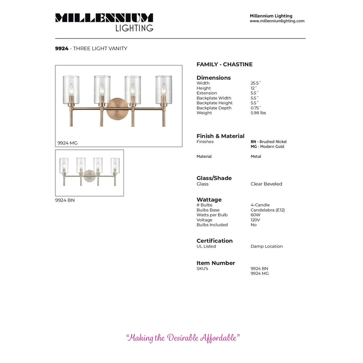 Millennium Lighting Chastine Bathroom Vanity Light Fixture with Clear Beveled Glass Shades