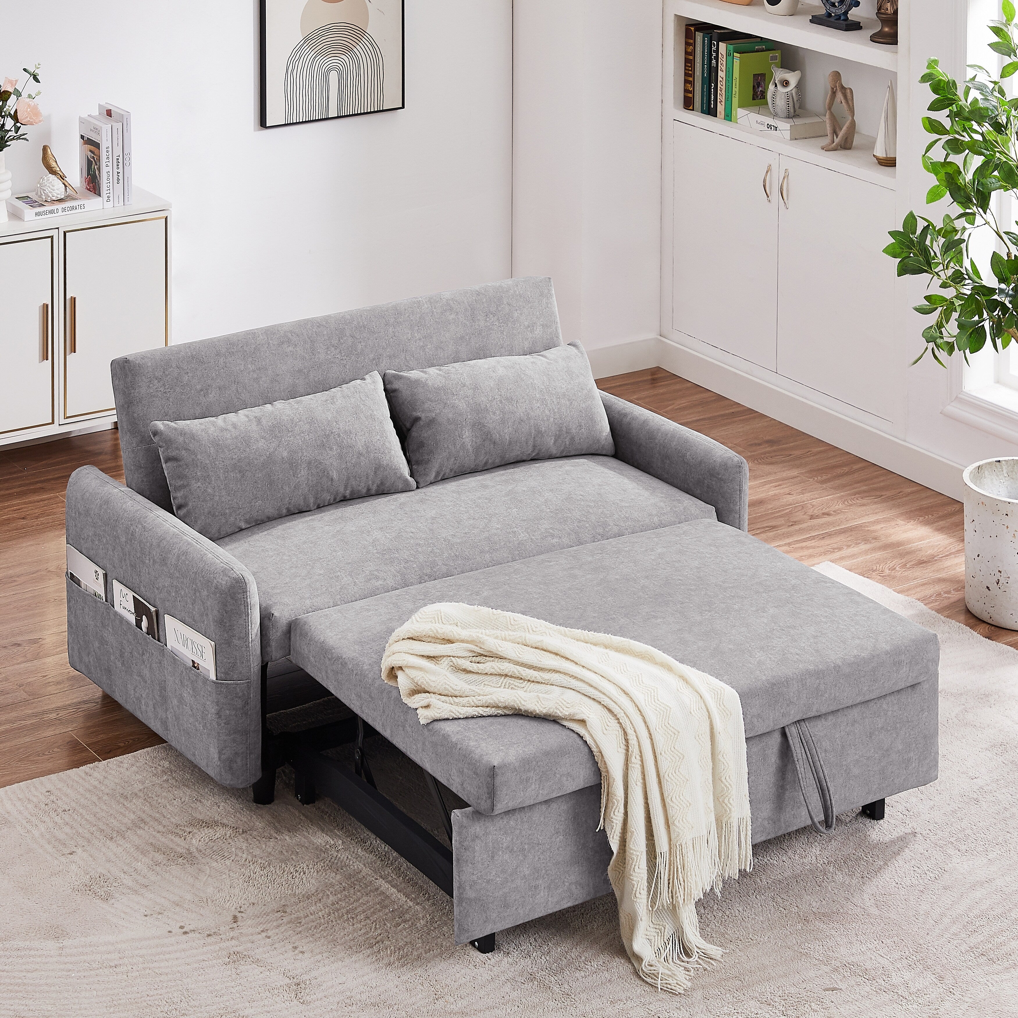 Modern 2 Seat Couch, Microfiber Pull Out Sleep Sofa Bed wih Adjsutable Backrest, Storage Pockets, 2 Soft Pillows, USB Ports