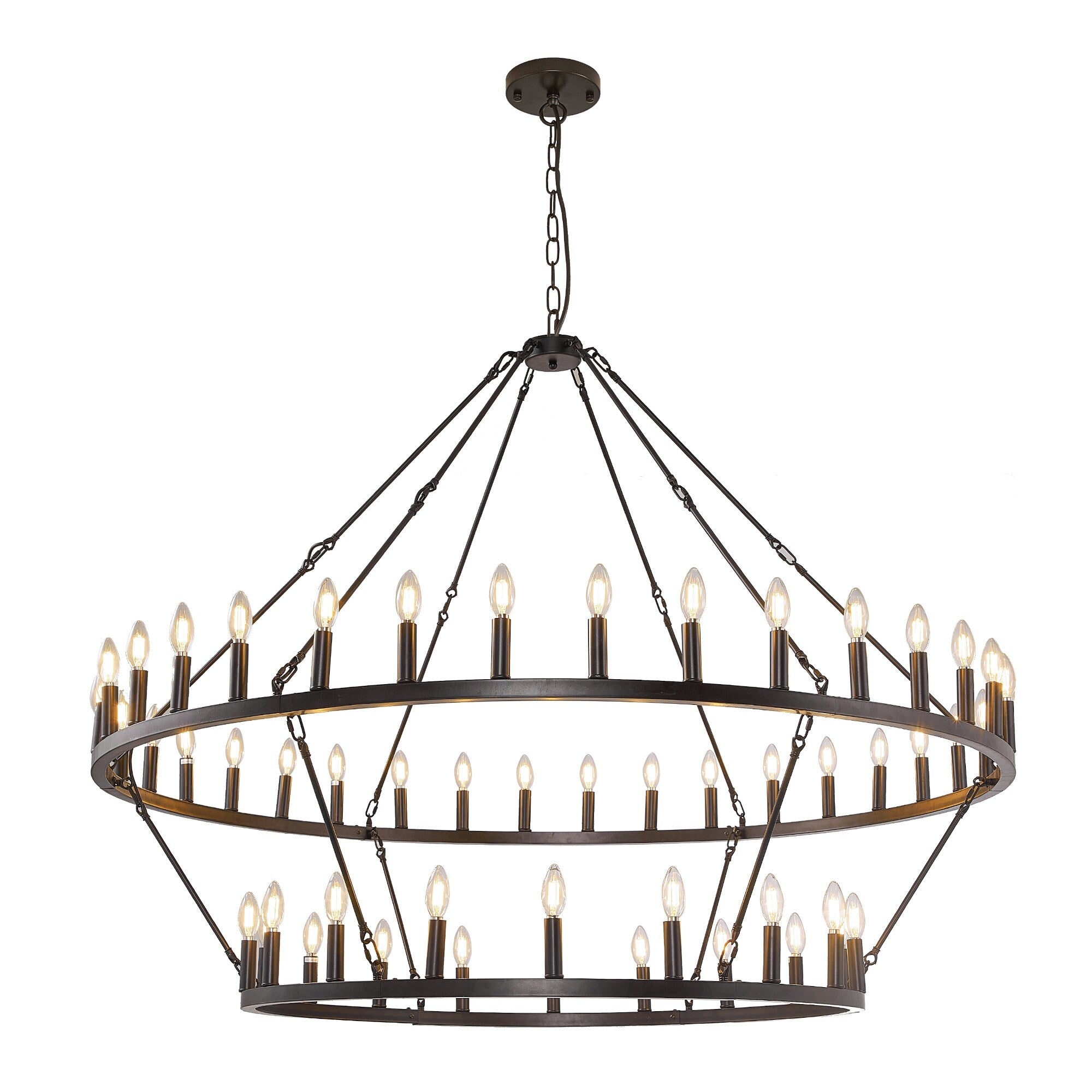 Modern Farmhouse Chandelier 2 Tier Round Wagon Wheel Chandelier Large High Ceiling Light.