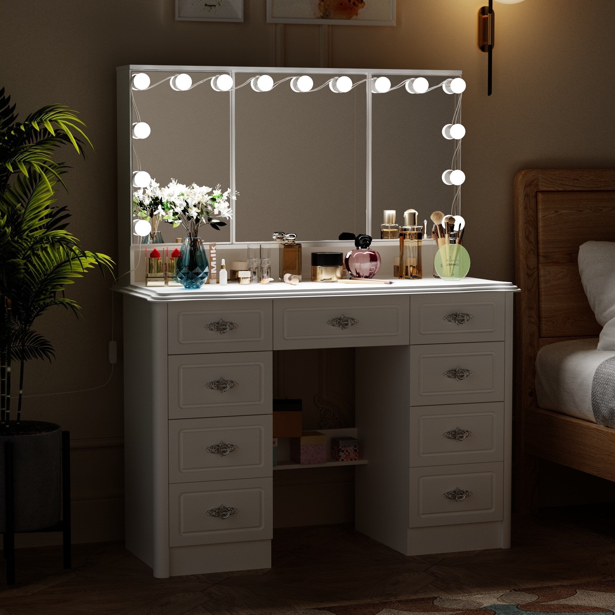 Modern White Makeup Vanity Fold Mirror Adjustable Lighting Dressing - 40.2x54.1