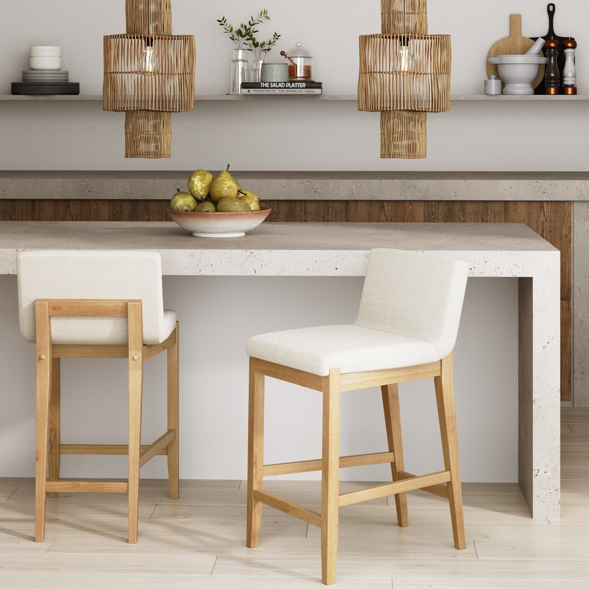 Gracie Modern Bar Stool, Boucle Upholstered Chair and Brushed Wooden Legs