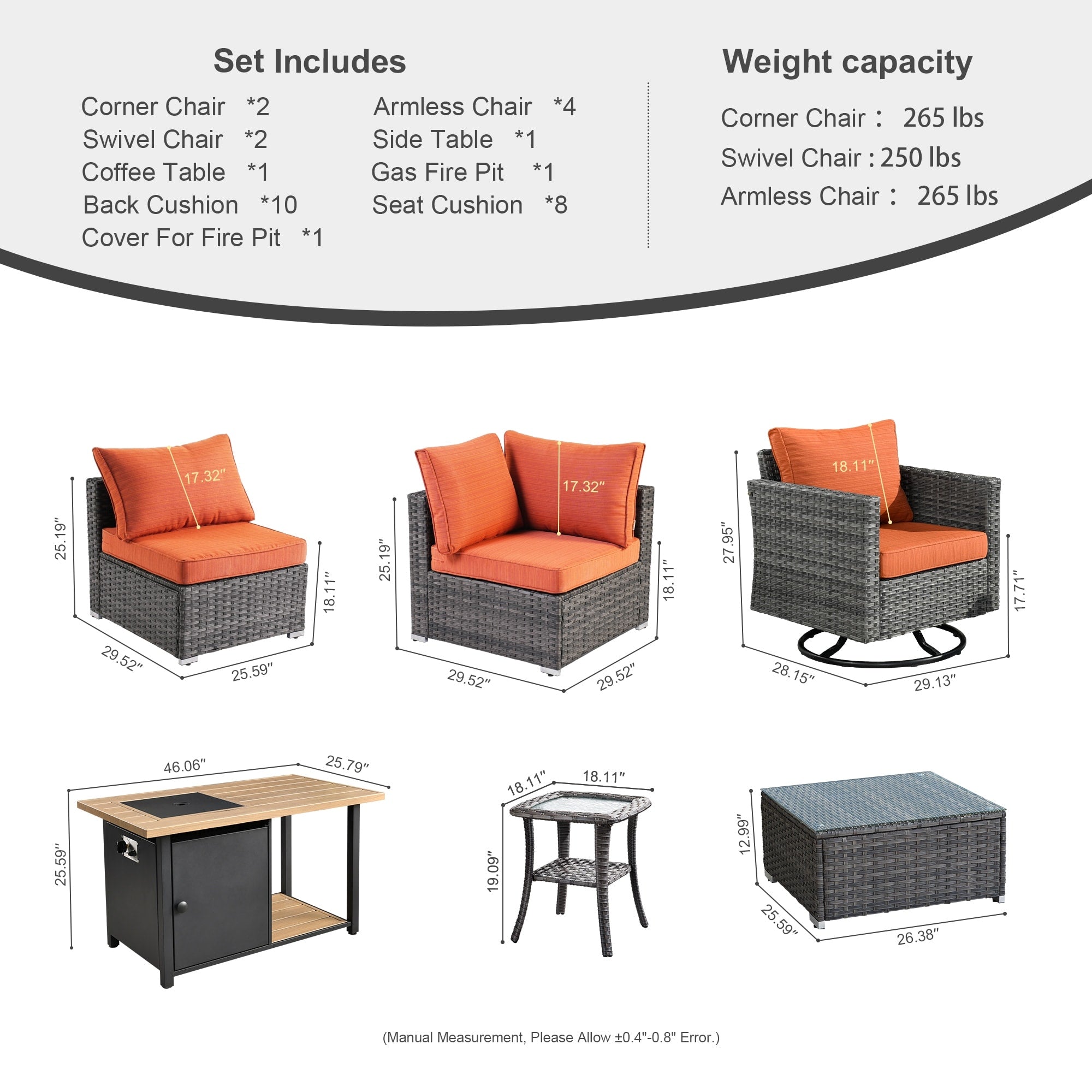 OVIOS Deep Seat Wicker 11-piece Sectional Set Swivel Chairs Fire Pit