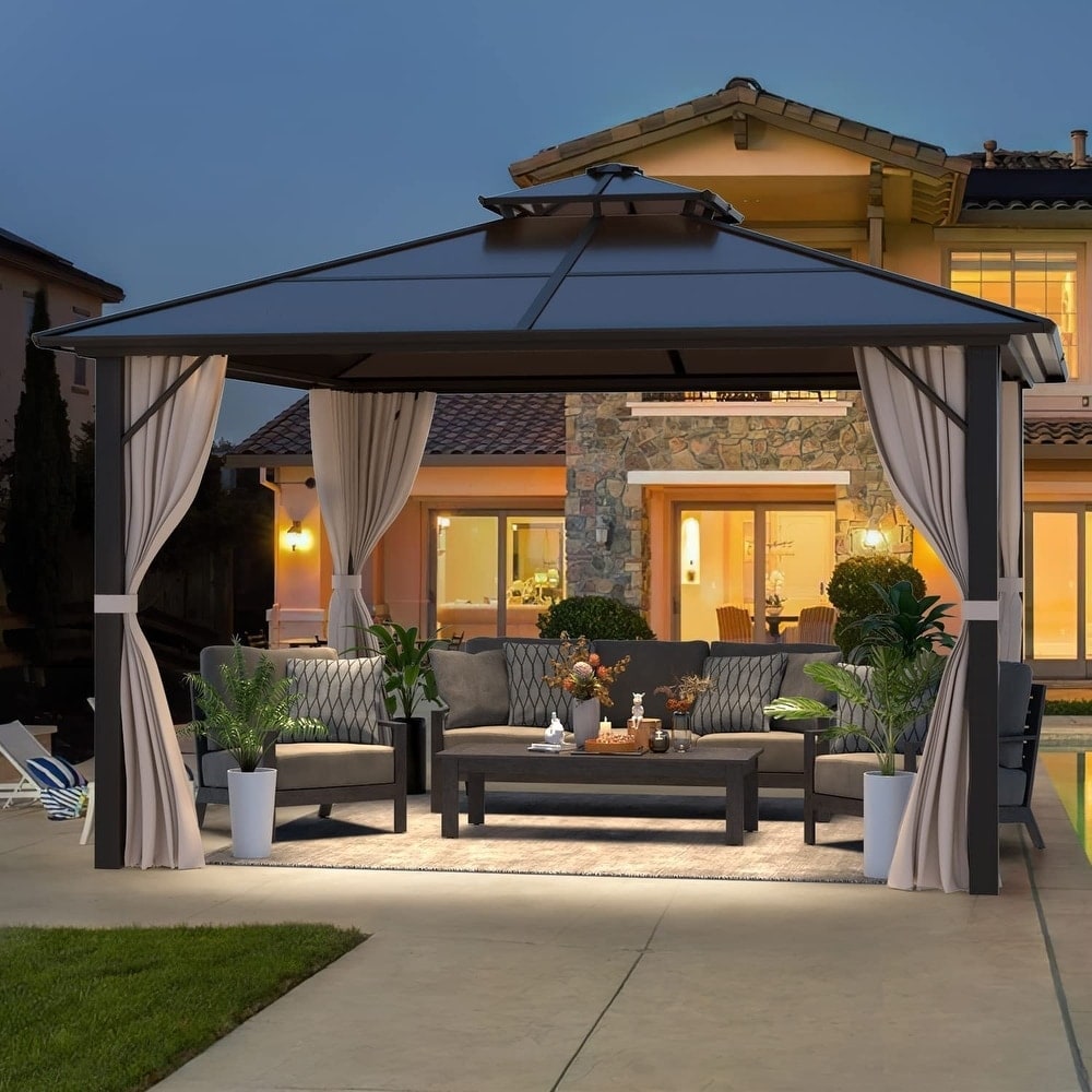 Hardtop Gazebo for Backyard – Permanent Pergola with Netting, Curtains & Double Roof, All-Weather Outdoor Shelter