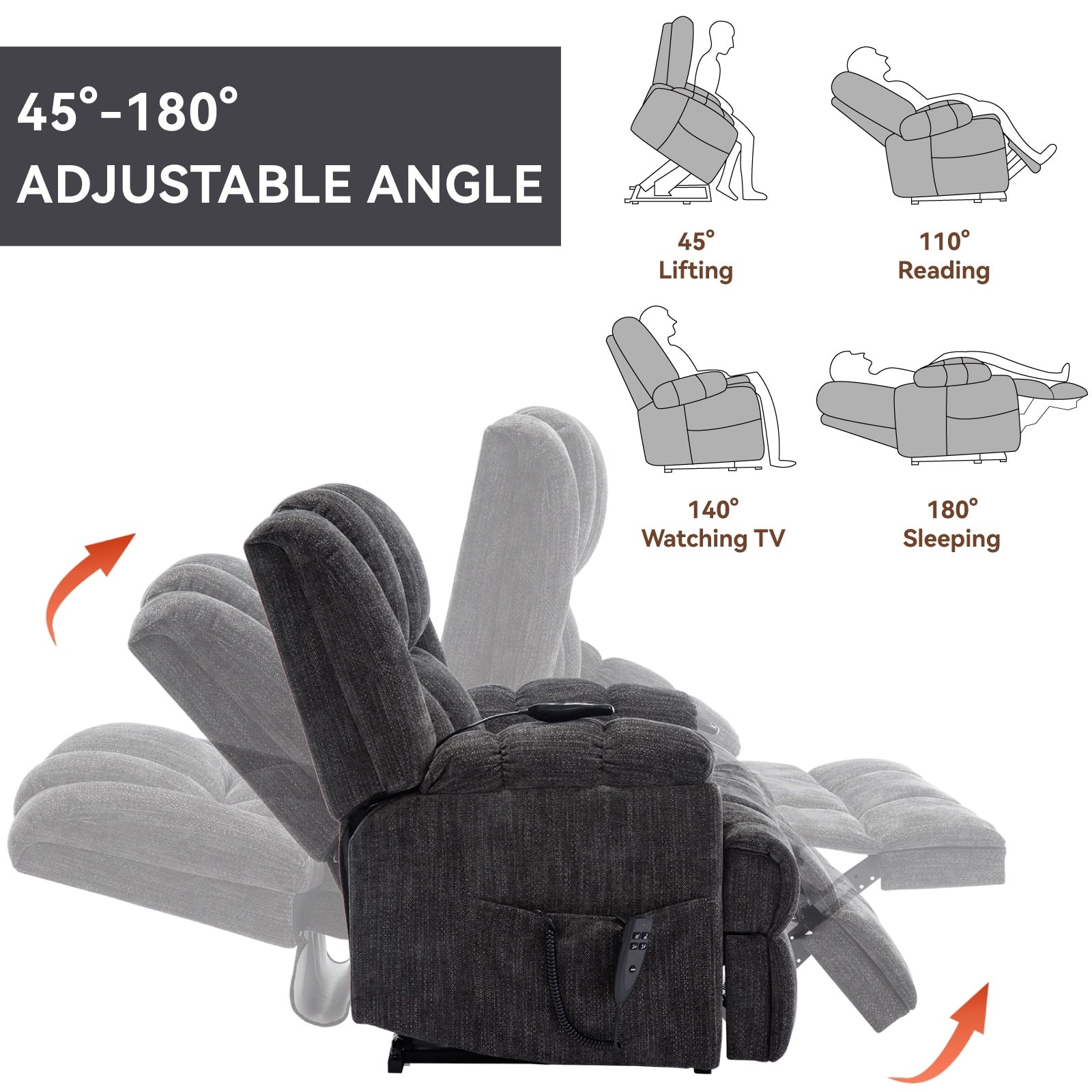 Oversized Chenille Power Lift Recliner Chair with Massage and Lumbar Heating, Infinite Position Reclining