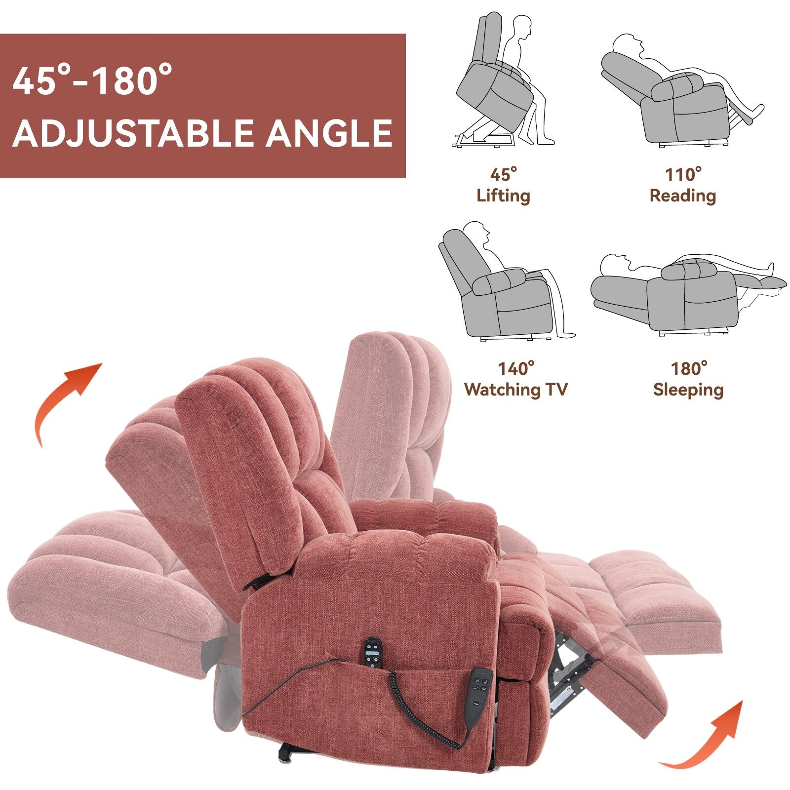 Oversized Chenille Power Lift Recliner Chair with Massage and Lumbar Heating, Infinite Position Reclining
