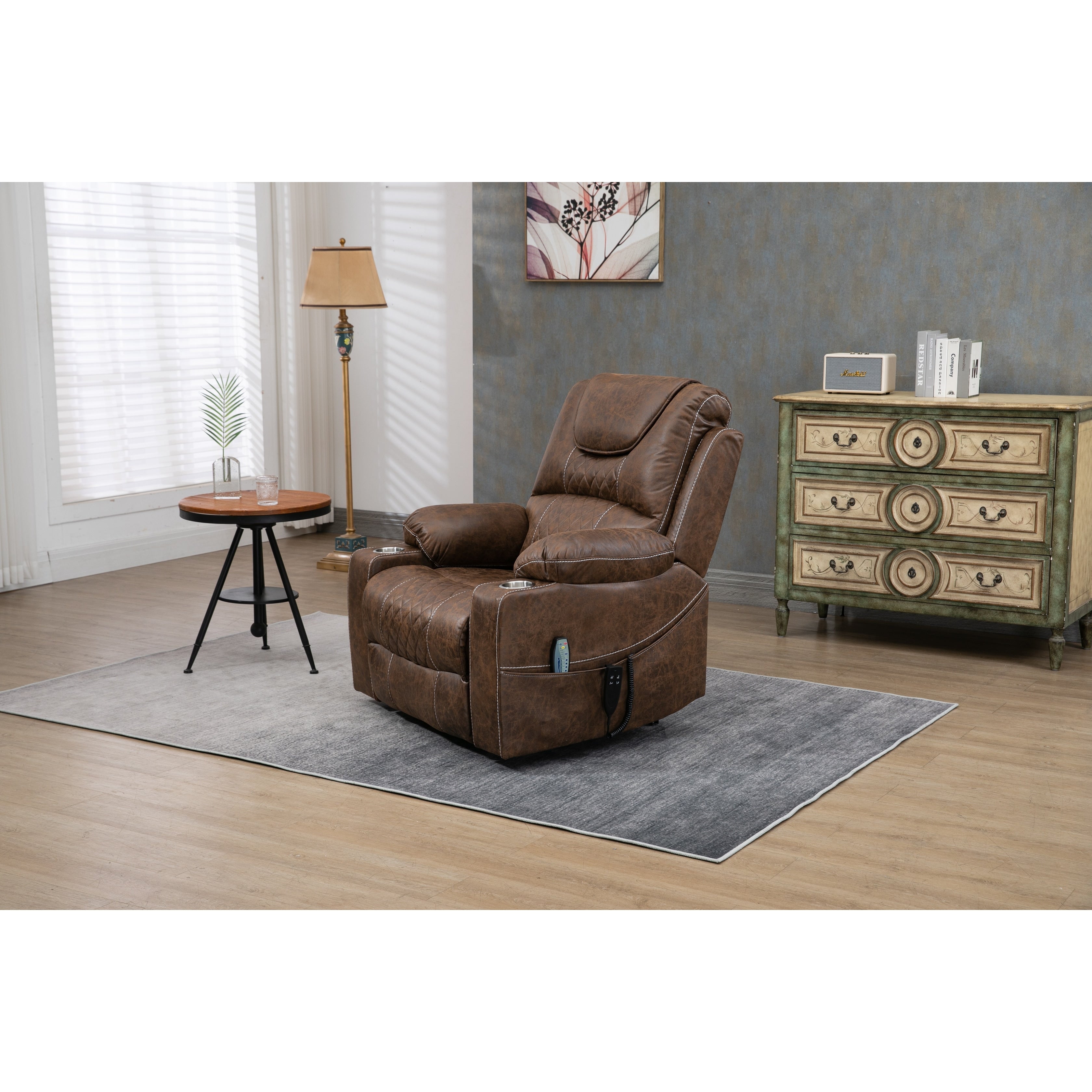 Oversized PU Leather Power Lift Recliner with Massage, Lumbar Heating, Cup Holder, 180° Flat Lay
