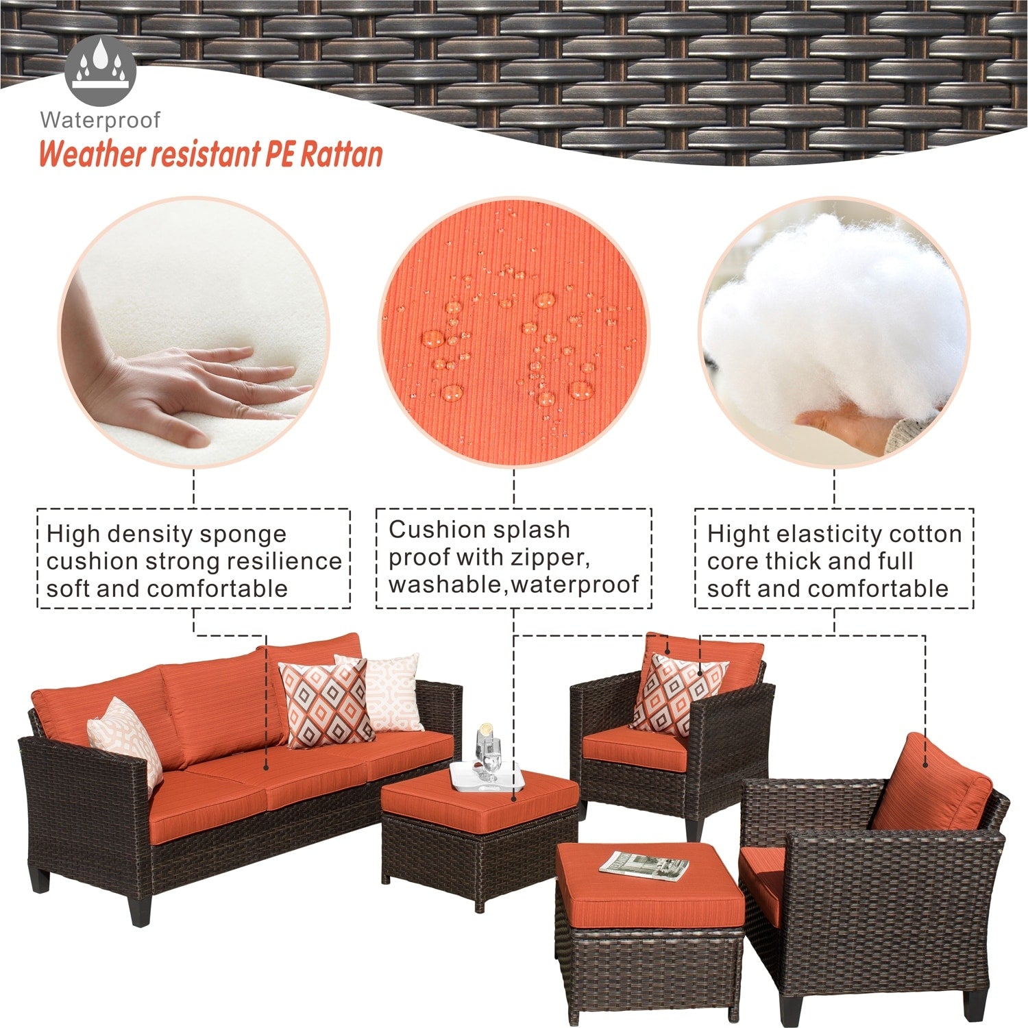 OVIOS 5-piece Patio Furniture Wicker Outdoor High-back Seating Set