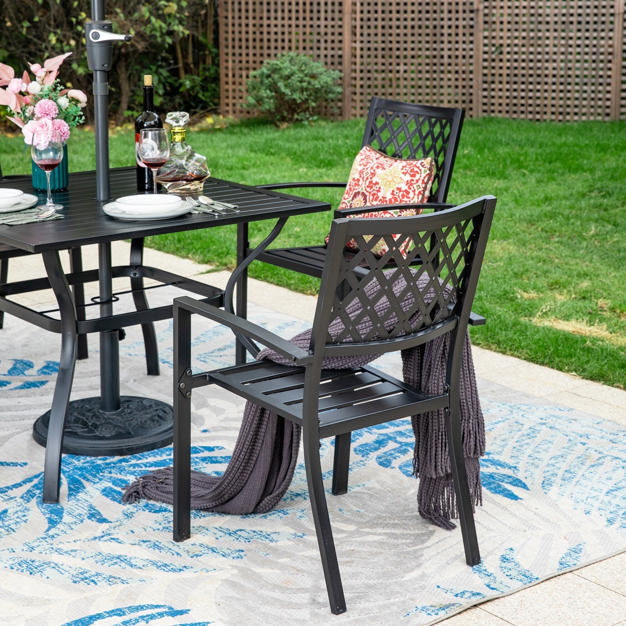 MAISON ARTS 6-Piece Patio Dining Set with 10ft 3 Tier Auto-tilt Umbrella: 4 Metal Outdoor Chairs 1 Metal Square Dining Table