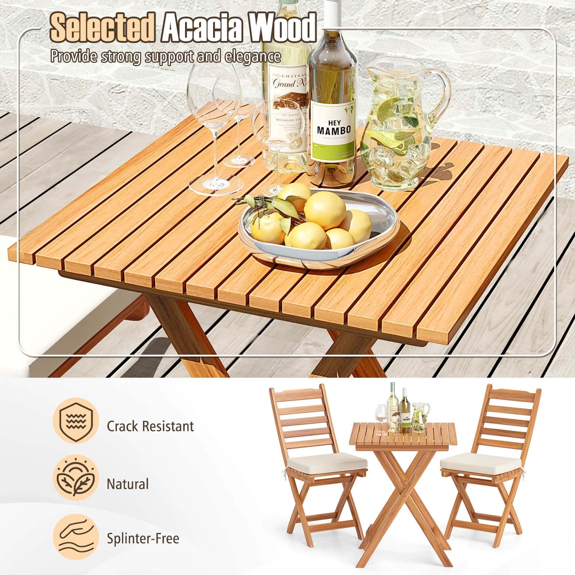 Patiojoy 3-Piece Folding Bistro Set with Removable Seat Cushions - See Details