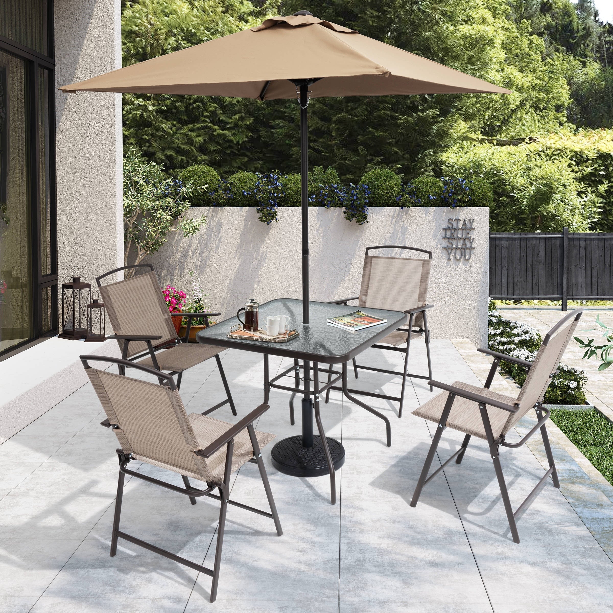Pellebant 6 Piece Patio Set with Table, Umbrella and 4 Folding Chairs - 22.4Wx26.8Dx34.4H