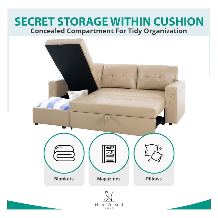 Reversible Sectional Sofa with Pull-Out Sleeper Bed, Hidden Storage Chaise, Durable Legs,