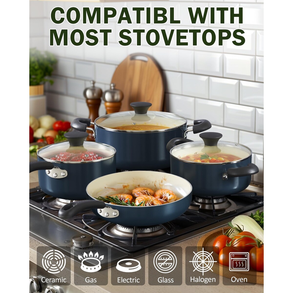 Pots and Pans Set Nonstick, 10-Piece Ceramic Kitchen Cookware Sets, Nonstick Cooking Set with Saucepans