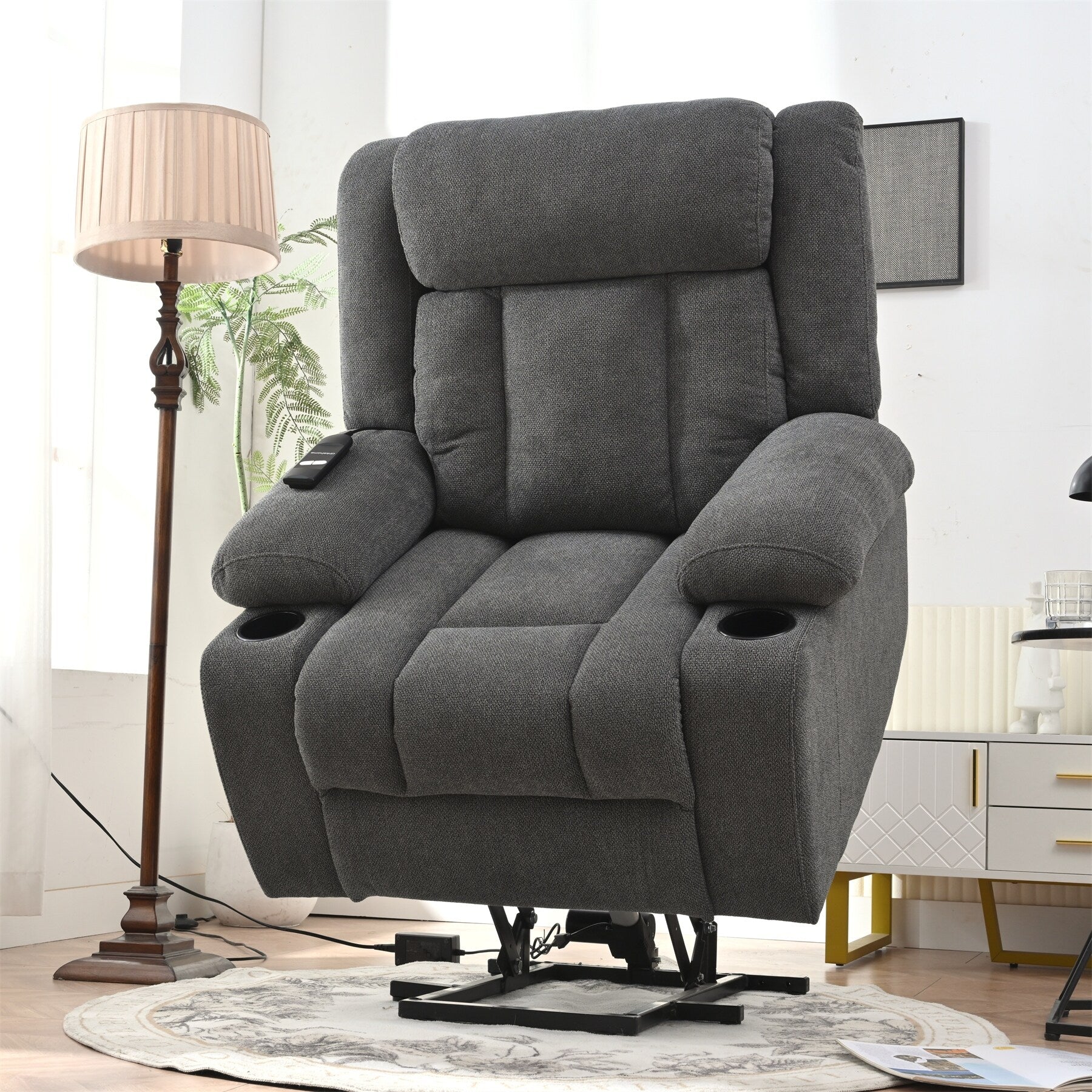 Power Lift Recliner Chair for Elderly, Fabric Lift Chairs w/ Extended Footrest, with 2 Cup Holders,Side Pockets, Remote Control