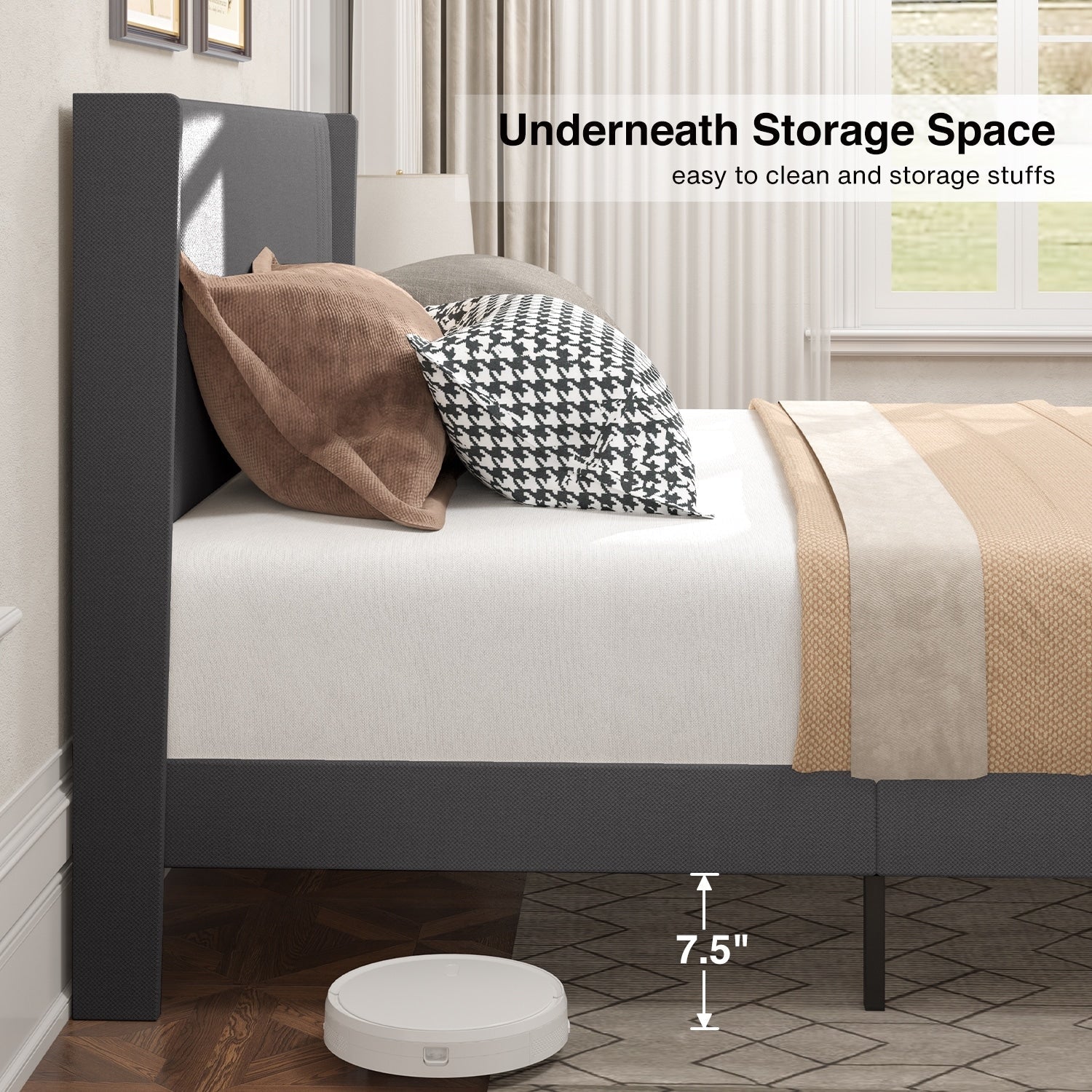 Queen/ Full Vertical Channels Upholstered Bed with Wingback Headboard