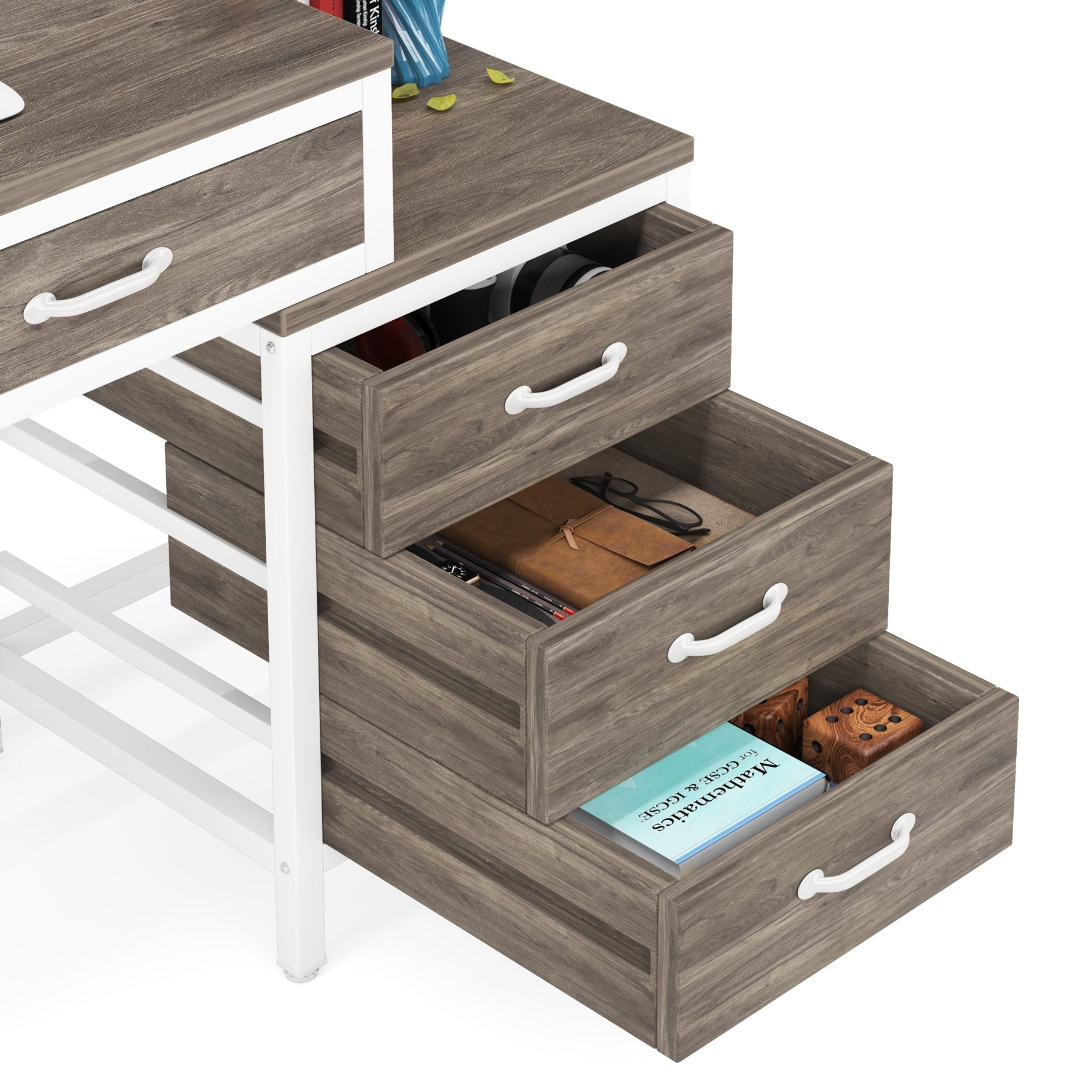 Reversible Computer Desk with 5 Drawers, Home Office Desk with File Cabinet Drawer Printer Stand