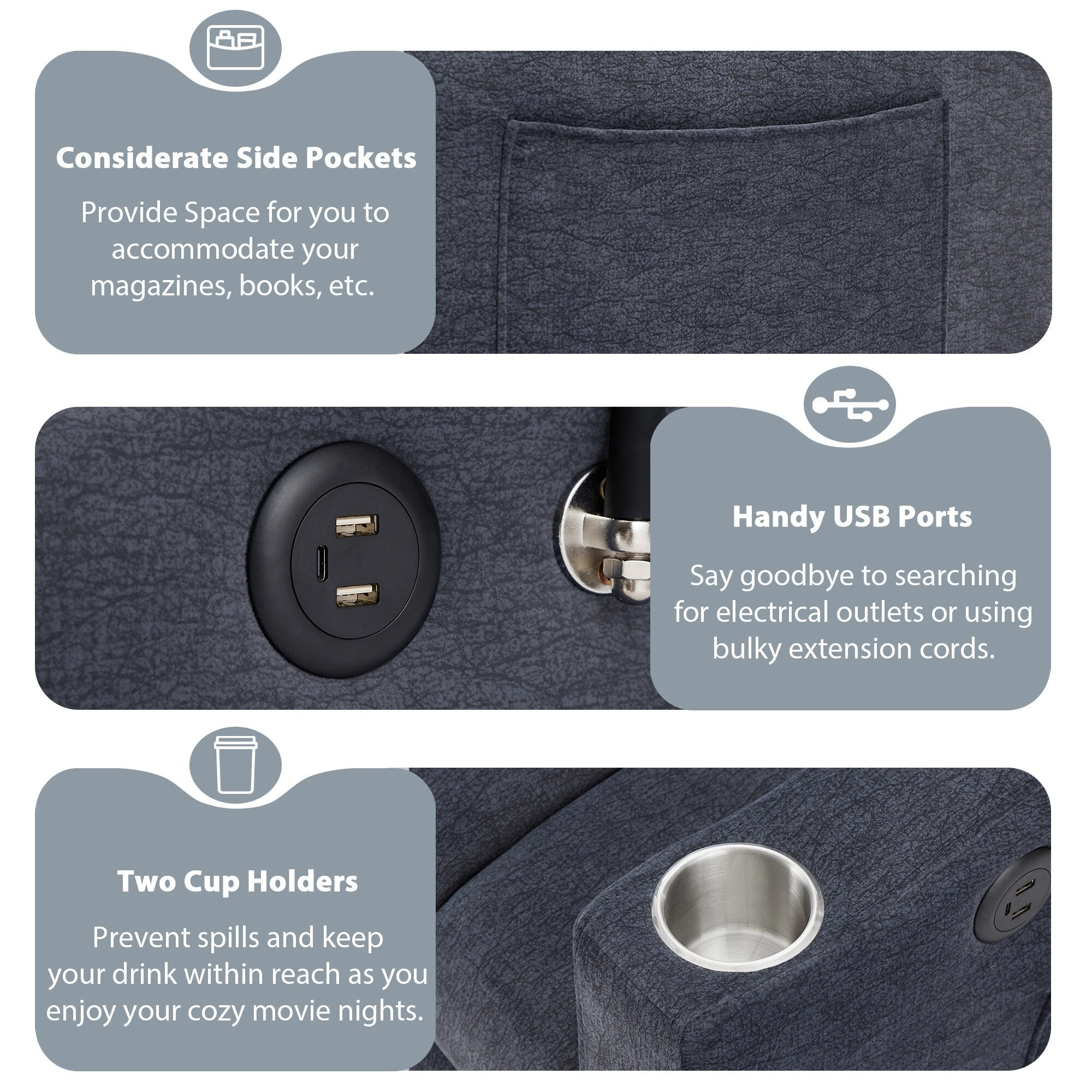 Roomfitters Convertible Loveseat Sofa Bed with USB Ports, Side Pockets, Cup Holders, and Swivel Phone Holder for Living Room