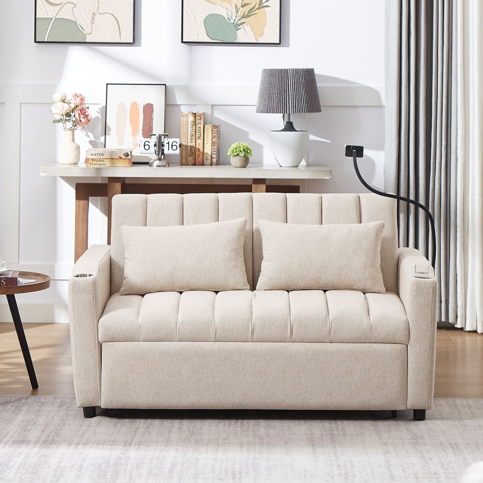 Roomfitters Convertible Loveseat Sofa Bed with USB Ports, Side Pockets, Cup Holders, and Swivel Phone Holder for Living Room