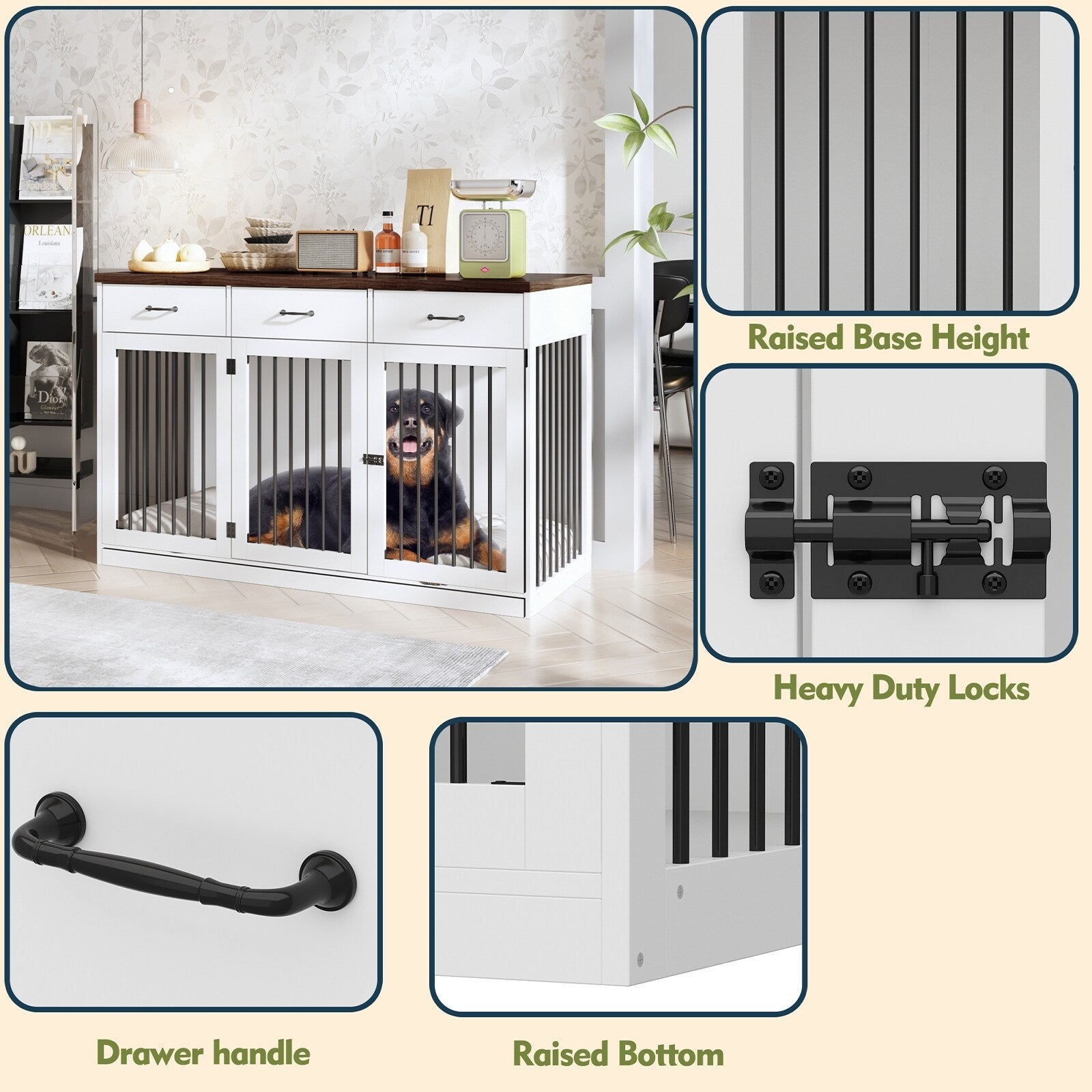 Stylish Wooden Dog Crate Furniture with Storage, 3 Drawers