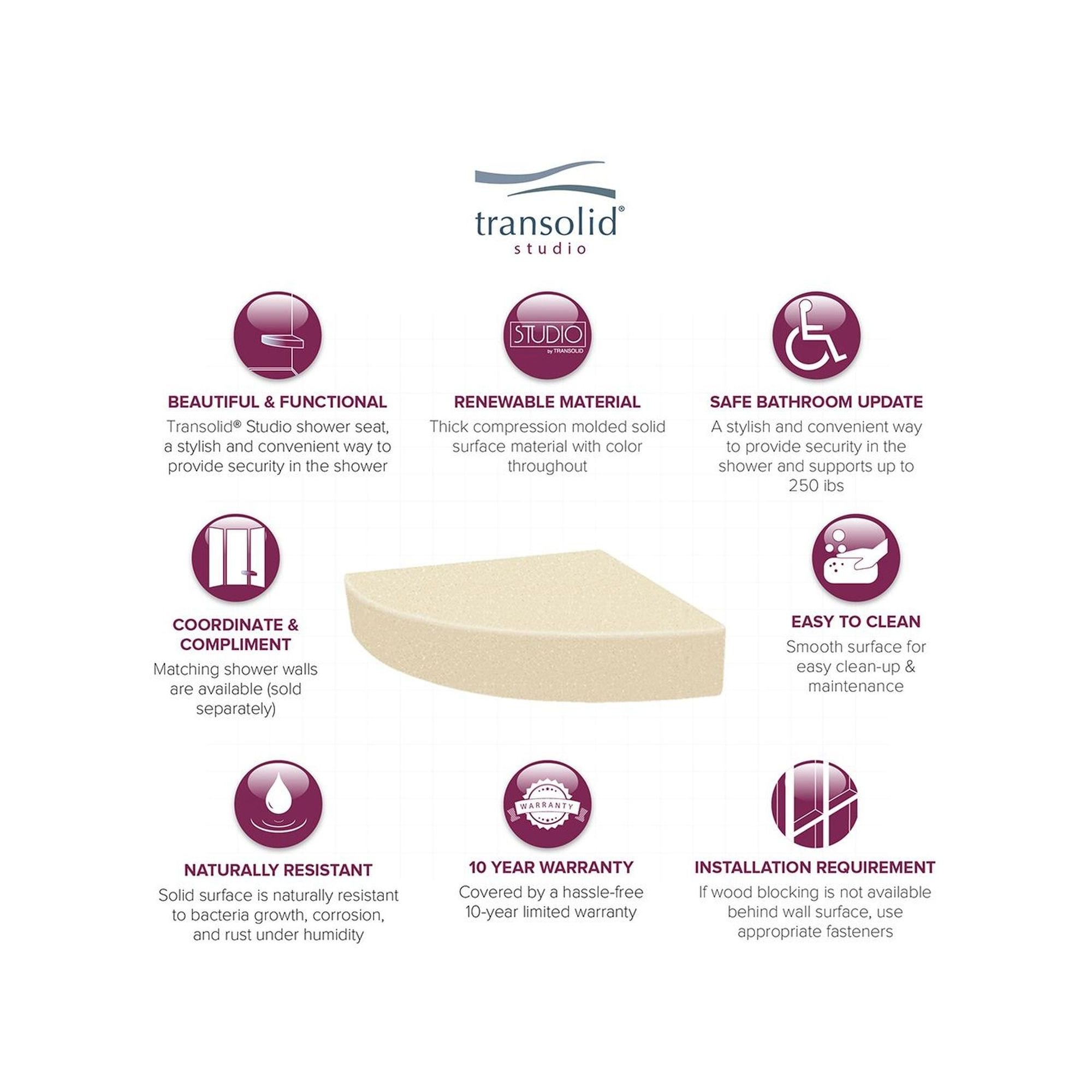 Transolid Studio 14-In X 14-In Solid Surface Wall-Mount Corner Shower Seat - 14.5 x 14.25 x 3