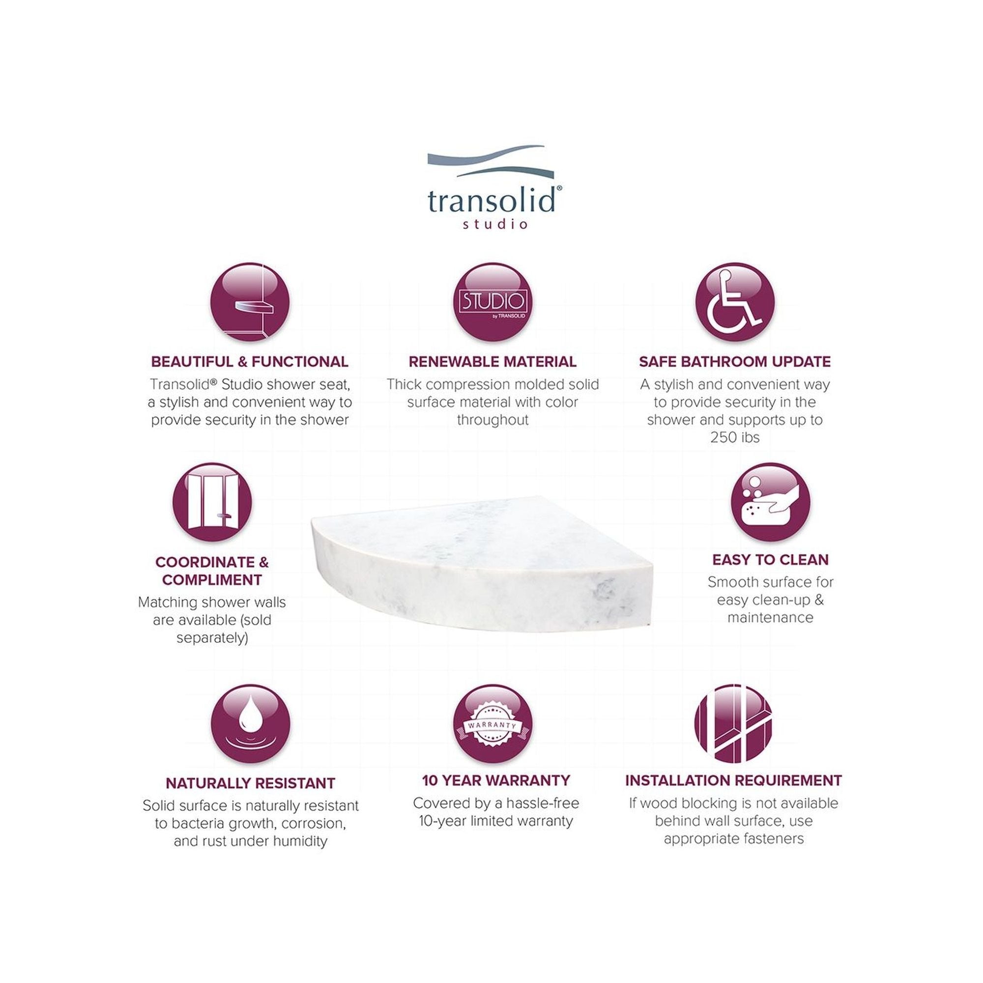 Transolid Studio 14-In X 14-In Solid Surface Wall-Mount Corner Shower Seat - 14.5 x 14.25 x 3