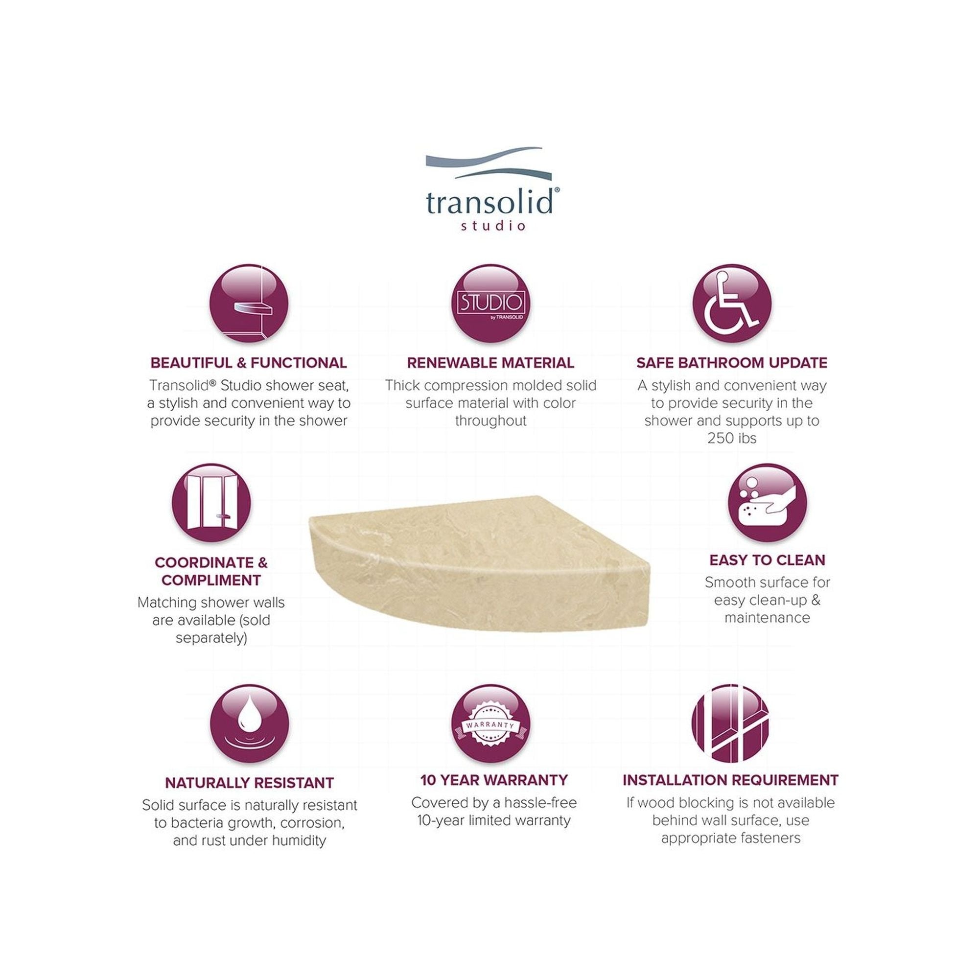 Transolid Studio 14-In X 14-In Solid Surface Wall-Mount Corner Shower Seat - 14.5 x 14.25 x 3