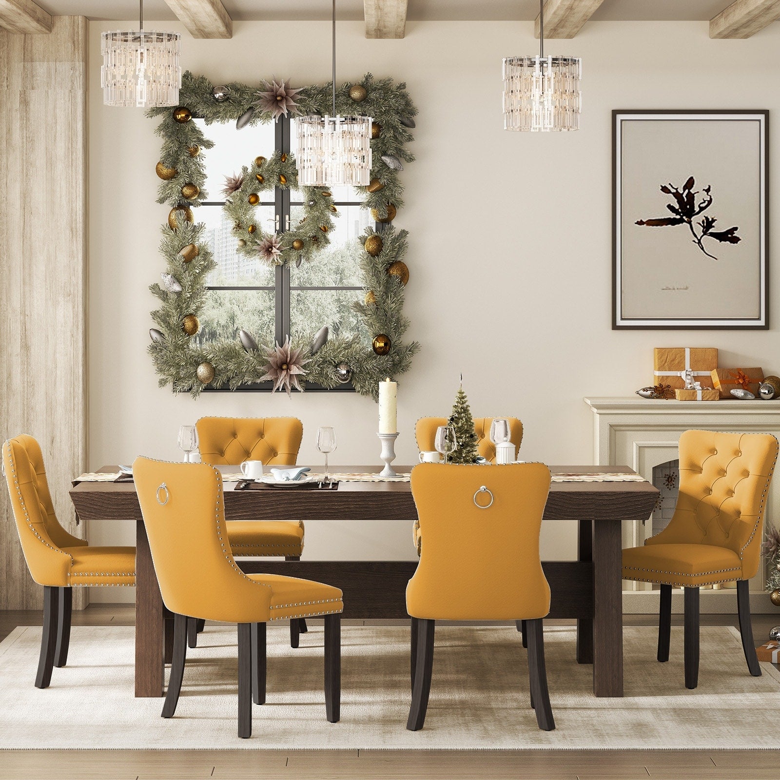 Upholstered Tufted Velvet Dining Chair with Solid Wood Legs Set of 6