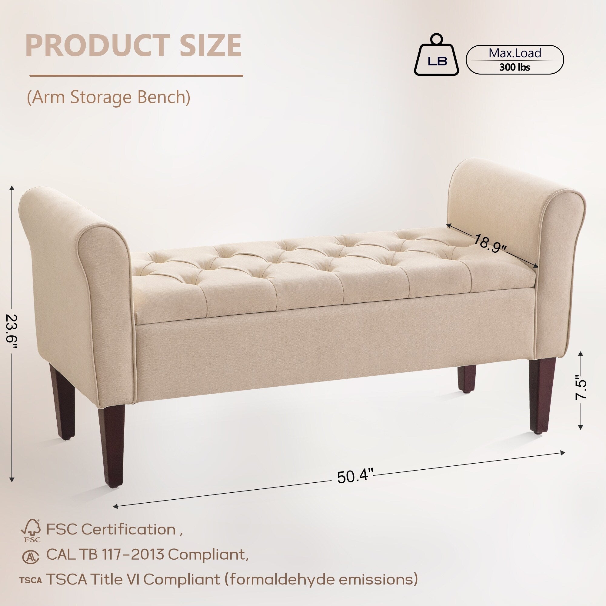 Upholstered Storage Bench Arm Bench Entryway Bench with Tufted Flip Top 50.4 Inches