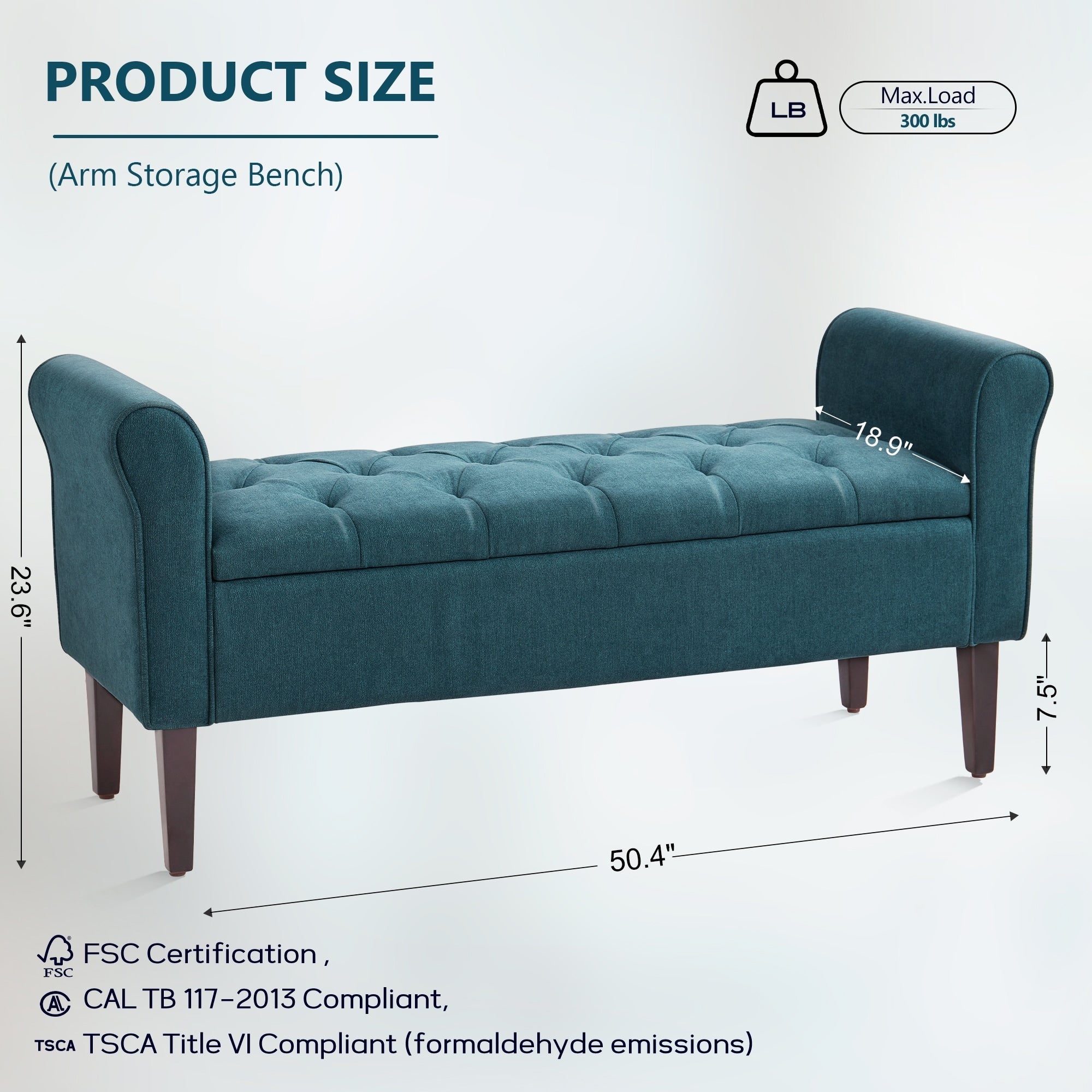 Upholstered Storage Bench Arm Bench Entryway Bench with Tufted Flip Top 50.4 Inches