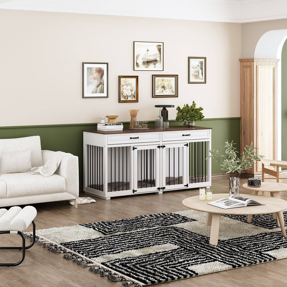 Wooden Double Dog Crate Kennel Furniture with 2 Drawers & Divider